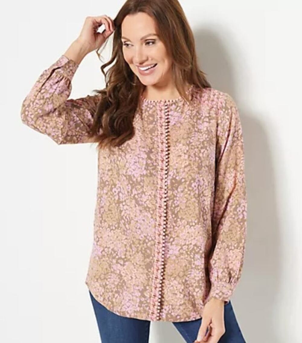 Isaac Mizrahi Live! Women's Print Mixed Print Stretch Crepe Blouse | Size 8